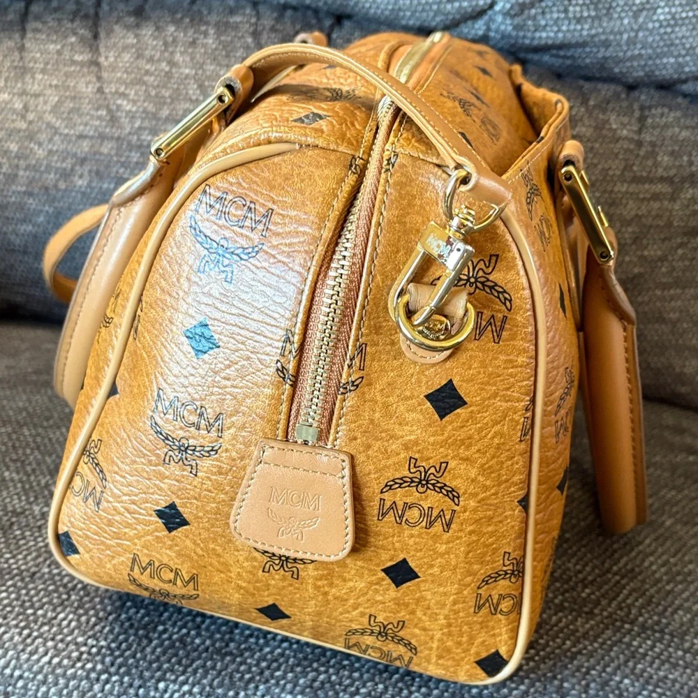 MCM Cognac Visetos Boston Bag with Strap
